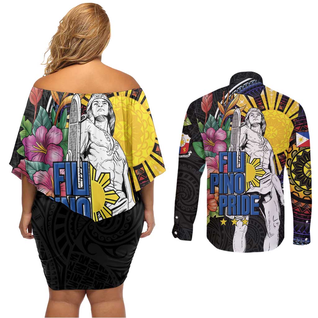 Filipinos Lapu-Lapu Hero Philippines Couples Matching Off Shoulder Short Dress and Long Sleeve Button Shirt Hibiscus Flowers Style DT04 - Polynesian Pride