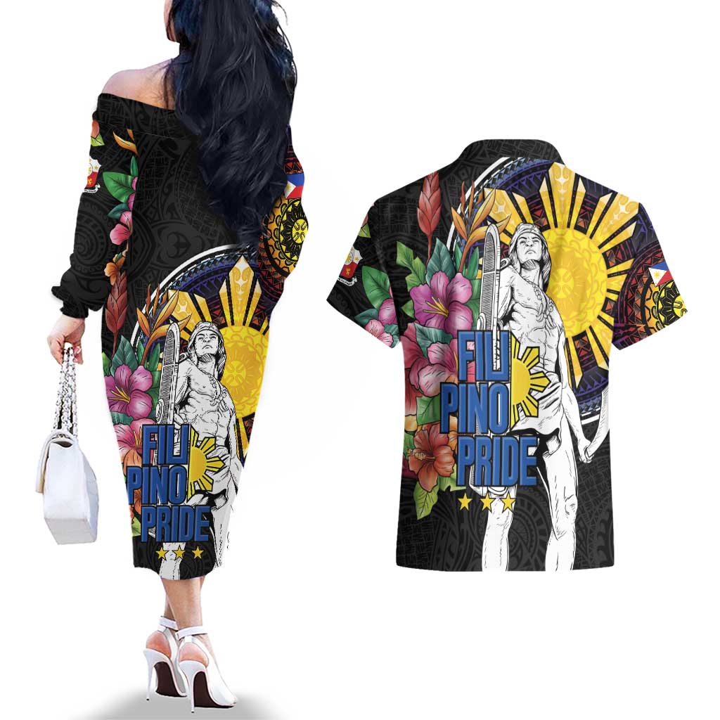 Filipinos Lapu-Lapu Hero Philippines Couples Matching Off The Shoulder Long Sleeve Dress and Hawaiian Shirt Hibiscus Flowers Style DT04 - Polynesian Pride