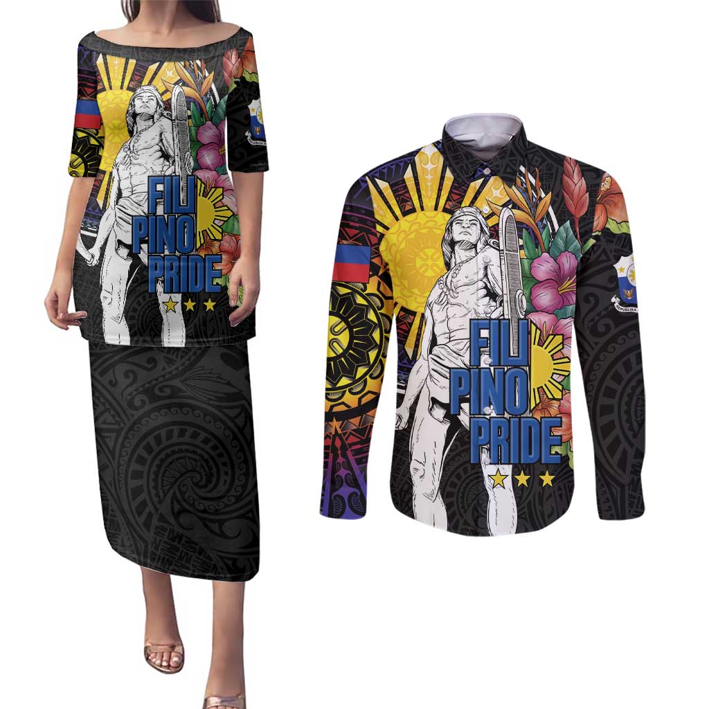 Filipinos Lapu-Lapu Hero Philippines Couples Matching Puletasi and Long Sleeve Button Shirt Hibiscus Flowers Style