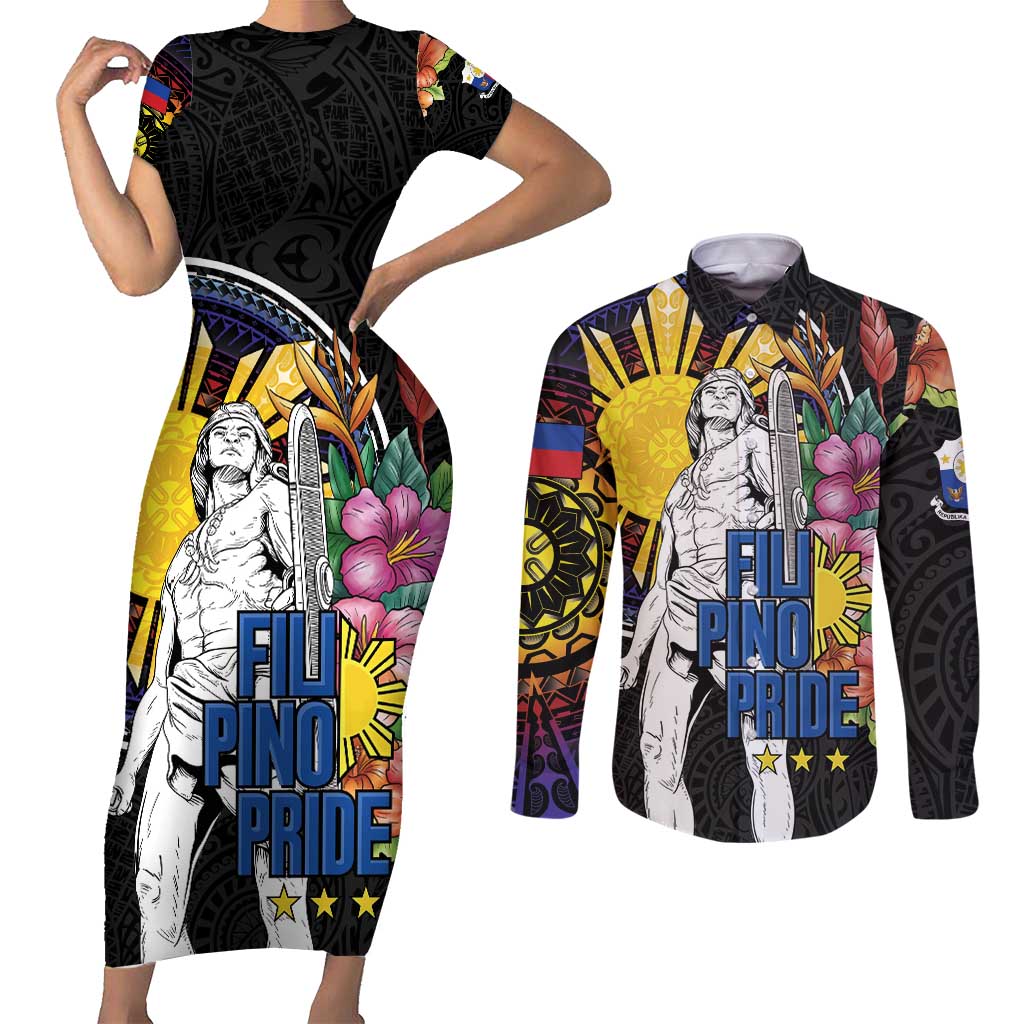 Filipinos Lapu-Lapu Hero Philippines Couples Matching Short Sleeve Bodycon Dress and Long Sleeve Button Shirt Hibiscus Flowers Style DT04 Black - Polynesian Pride