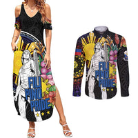 Filipinos Lapu-Lapu Hero Philippines Couples Matching Summer Maxi Dress and Long Sleeve Button Shirt Hibiscus Flowers Style DT04 Black - Polynesian Pride
