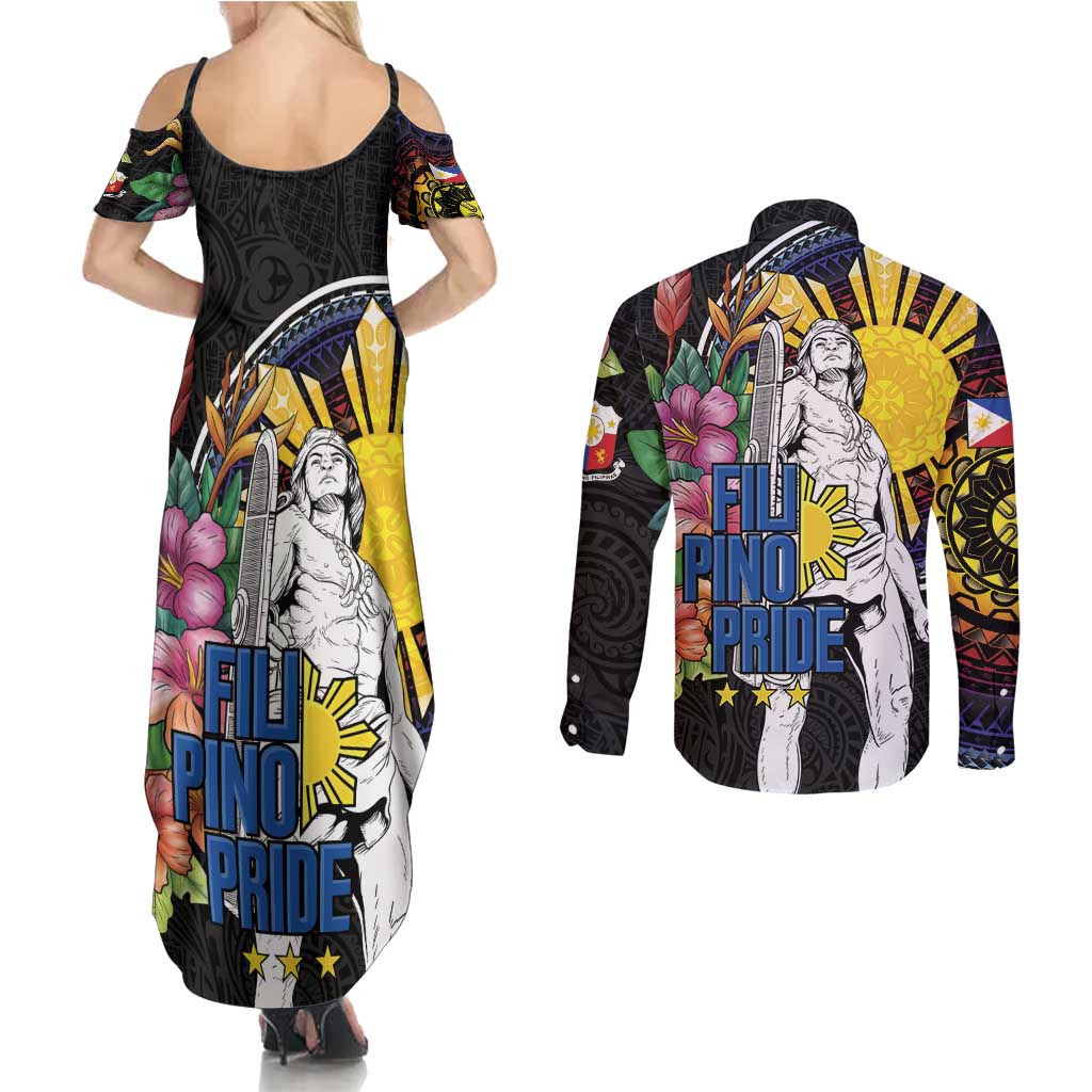 Filipinos Lapu-Lapu Hero Philippines Couples Matching Summer Maxi Dress and Long Sleeve Button Shirt Hibiscus Flowers Style DT04 - Polynesian Pride