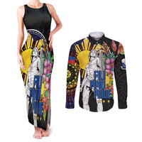 Filipinos Lapu-Lapu Hero Philippines Couples Matching Tank Maxi Dress and Long Sleeve Button Shirt Hibiscus Flowers Style DT04 Black - Polynesian Pride