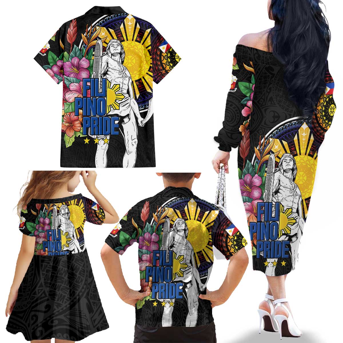 Filipinos Lapu-Lapu Hero Philippines Family Matching Off The Shoulder Long Sleeve Dress and Hawaiian Shirt Hibiscus Flowers Style DT04 - Polynesian Pride