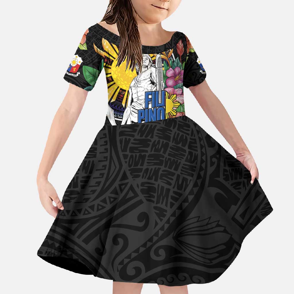 Filipinos Lapu-Lapu Hero Philippines Family Matching Off Shoulder Maxi Dress and Hawaiian Shirt Hibiscus Flowers Style DT04 Daughter's Dress Black - Polynesian Pride