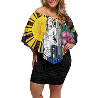 Filipinos Lapu-Lapu Hero Philippines Family Matching Off Shoulder Short Dress and Hawaiian Shirt Hibiscus Flowers Style DT04 Mom's Dress Black - Polynesian Pride