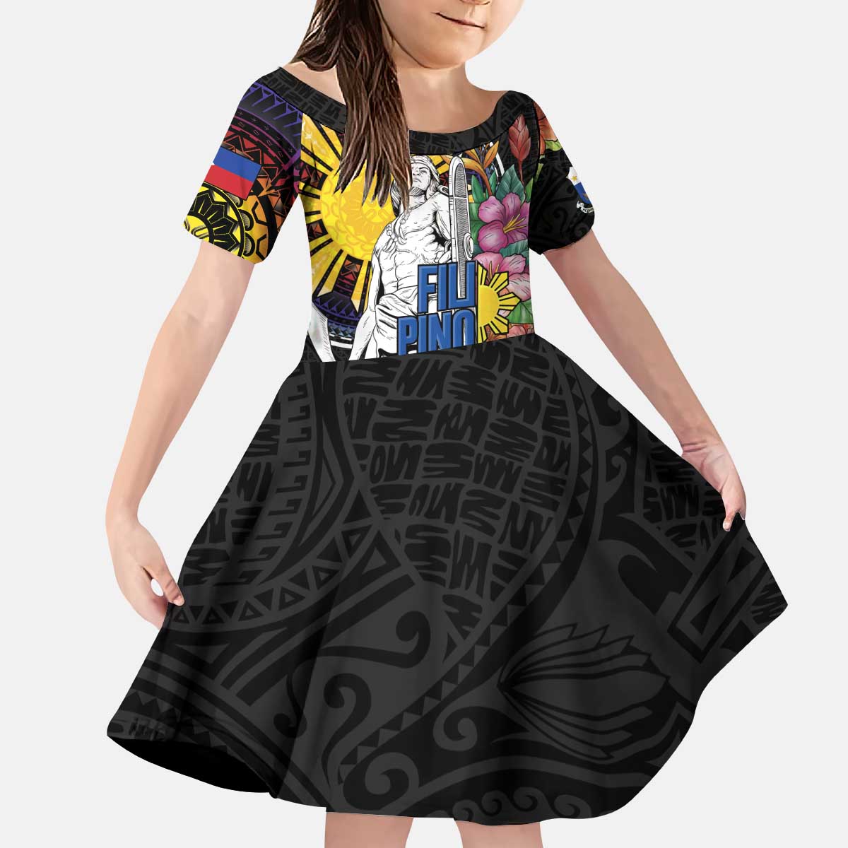 Filipinos Lapu-Lapu Hero Philippines Kid Short Sleeve Dress Hibiscus Flowers Style DT04 KID Black - Polynesian Pride