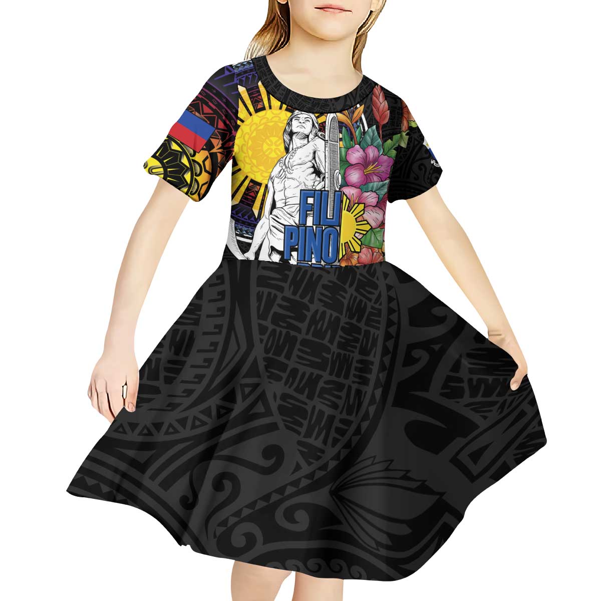 Filipinos Lapu-Lapu Hero Philippines Kid Short Sleeve Dress Hibiscus Flowers Style DT04 - Polynesian Pride