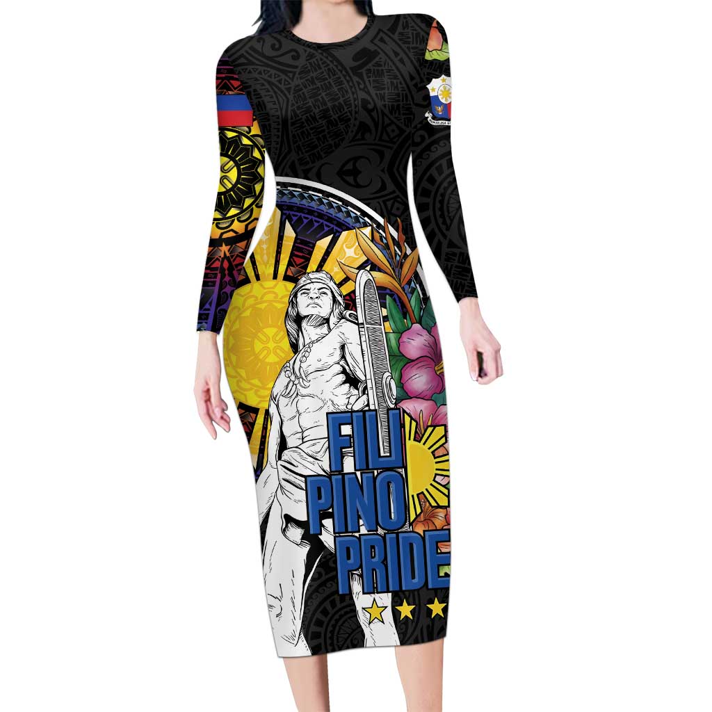 Filipinos Lapu-Lapu Hero Philippines Long Sleeve Bodycon Dress Hibiscus Flowers Style DT04 Long Dress Black - Polynesian Pride