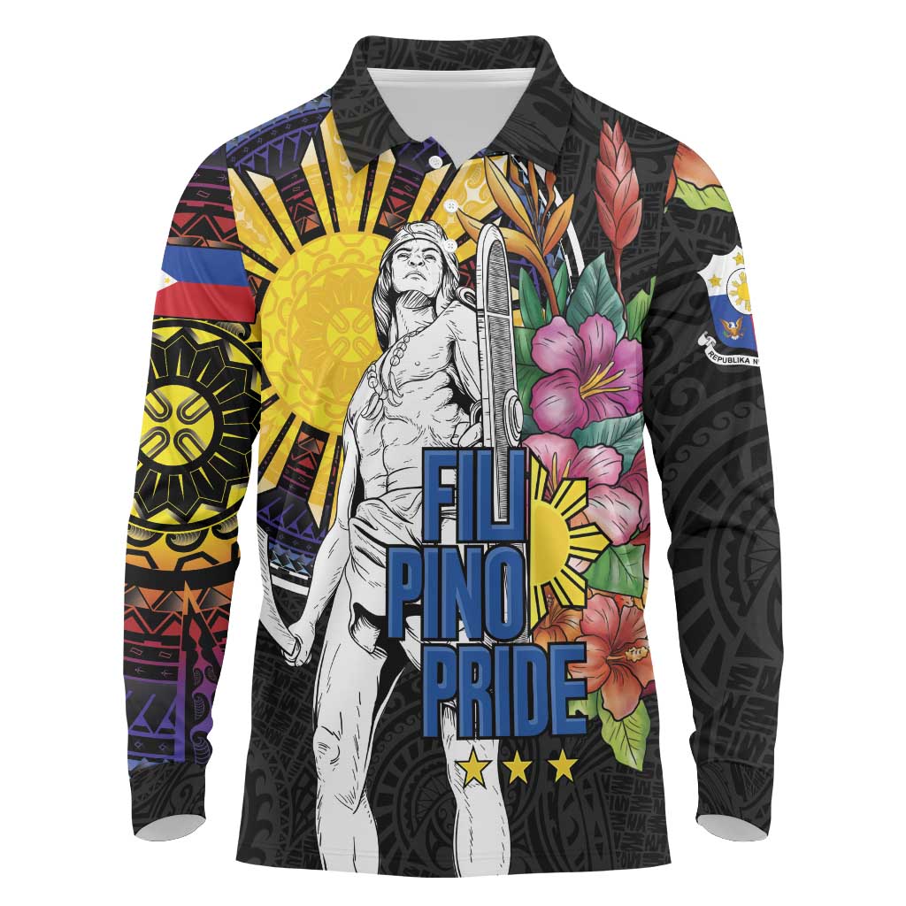Filipinos Lapu-Lapu Hero Philippines Long Sleeve Polo Shirt Hibiscus Flowers Style DT04 Black - Polynesian Pride