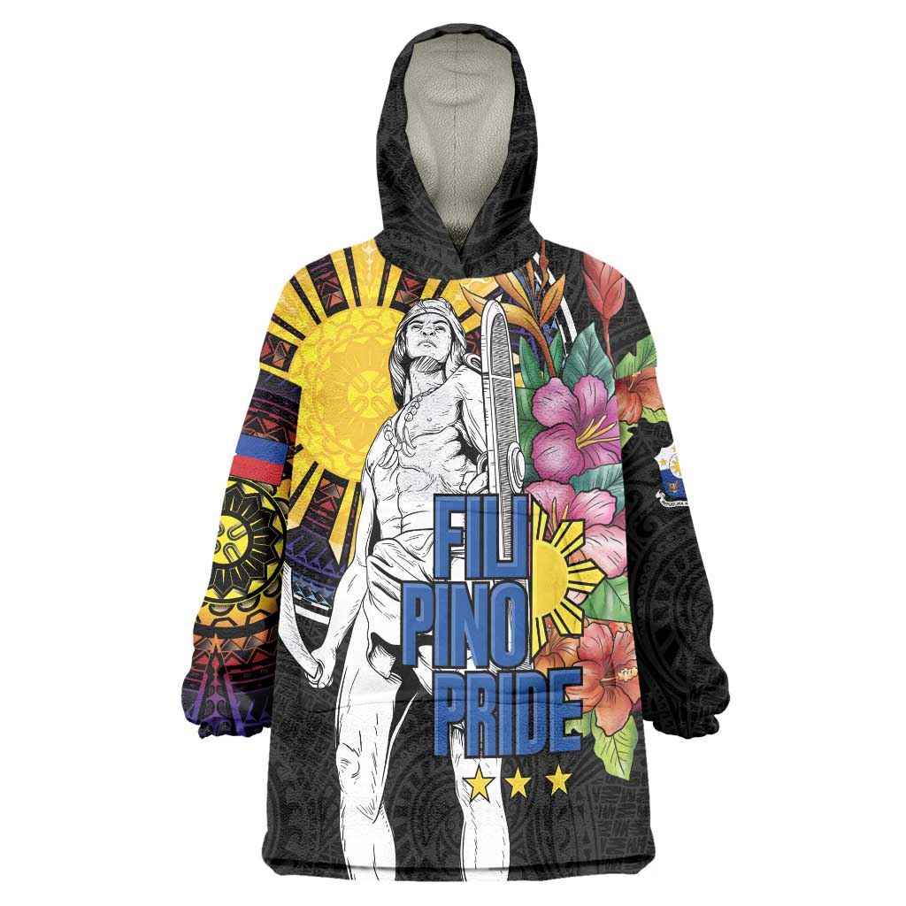 Filipinos Lapu-Lapu Hero Philippines Wearable Blanket Hoodie Hibiscus Flowers Style DT04 One Size Black - Polynesian Pride
