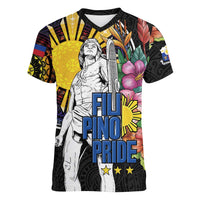 Filipinos Lapu-Lapu Hero Philippines Women V-Neck T-Shirt Hibiscus Flowers Style DT04 Female Black - Polynesian Pride