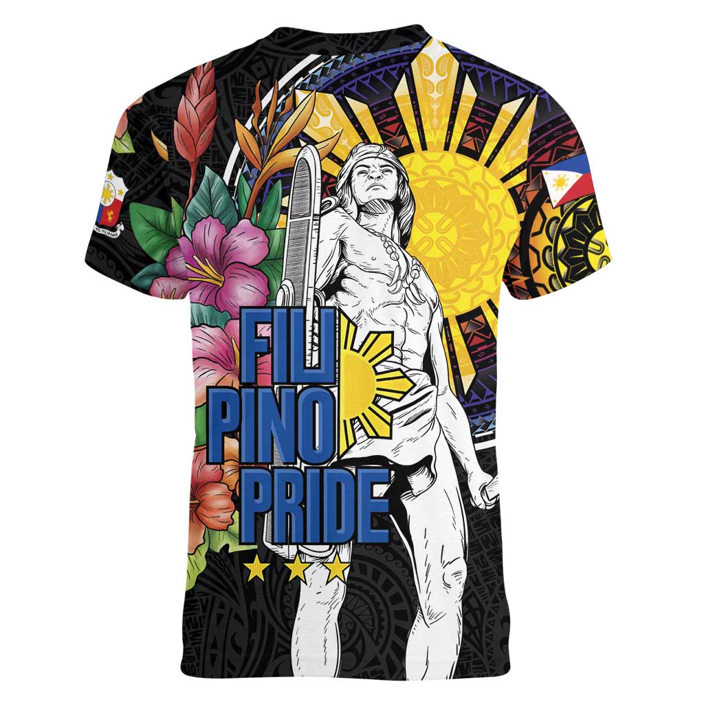 Filipinos Lapu-Lapu Hero Philippines Women V-Neck T-Shirt Hibiscus Flowers Style DT04 - Polynesian Pride