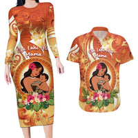 Personalised Tonga Mother's Day Couples Matching Long Sleeve Bodycon Dress and Hawaiian Shirt I Love You Mom DT04 Orange - Polynesian Pride