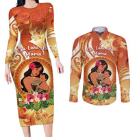 Personalised Tonga Mother's Day Couples Matching Long Sleeve Bodycon Dress and Long Sleeve Button Shirt I Love You Mom DT04 Orange - Polynesian Pride