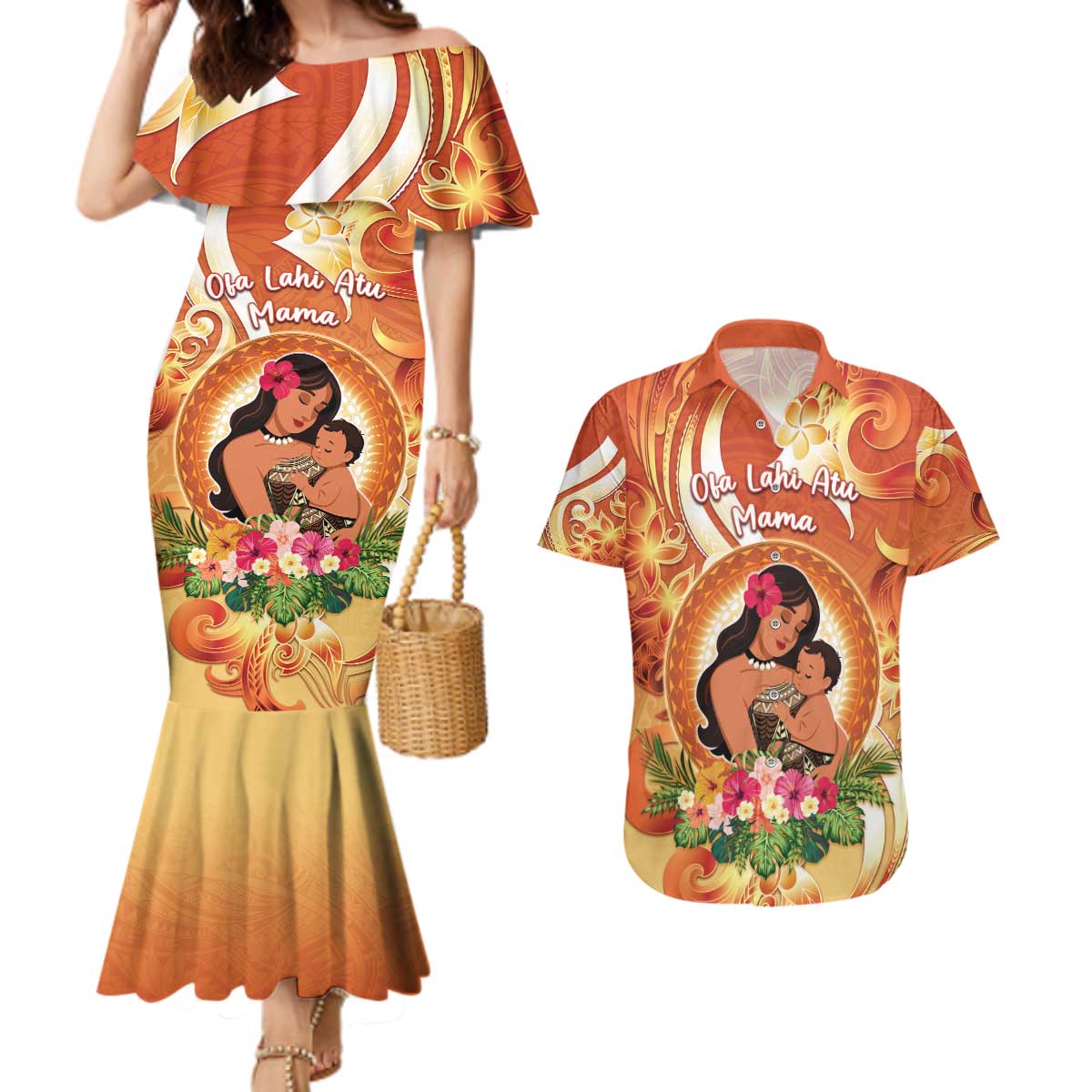 Personalised Tonga Mother's Day Couples Matching Mermaid Dress and Hawaiian Shirt I Love You Mom DT04 Orange - Polynesian Pride