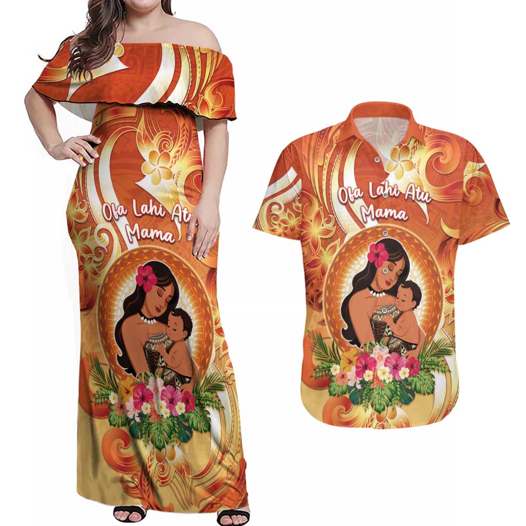 Personalised Tonga Mother's Day Couples Matching Off Shoulder Maxi Dress and Hawaiian Shirt I Love You Mom DT04 Orange - Polynesian Pride
