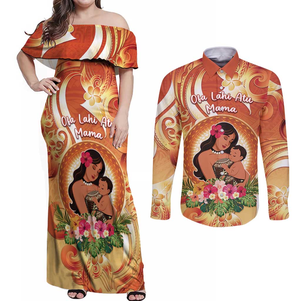 Personalised Tonga Mother's Day Couples Matching Off Shoulder Maxi Dress and Long Sleeve Button Shirt I Love You Mom DT04 Orange - Polynesian Pride