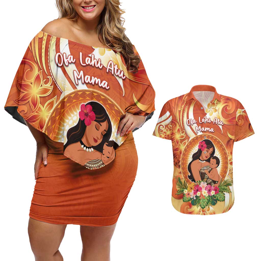 Personalised Tonga Mother's Day Couples Matching Off Shoulder Short Dress and Hawaiian Shirt I Love You Mom DT04 Orange - Polynesian Pride