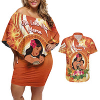 Personalised Tonga Mother's Day Couples Matching Off Shoulder Short Dress and Hawaiian Shirt I Love You Mom DT04 Orange - Polynesian Pride