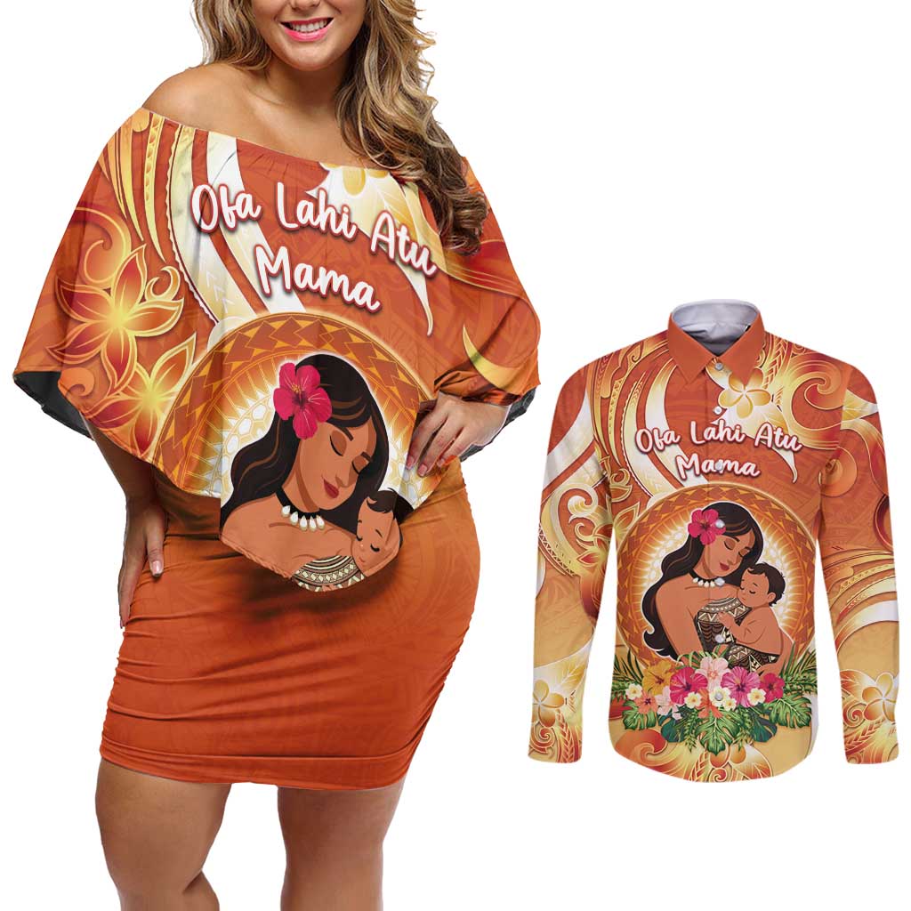 Personalised Tonga Mother's Day Couples Matching Off Shoulder Short Dress and Long Sleeve Button Shirt I Love You Mom DT04 Orange - Polynesian Pride