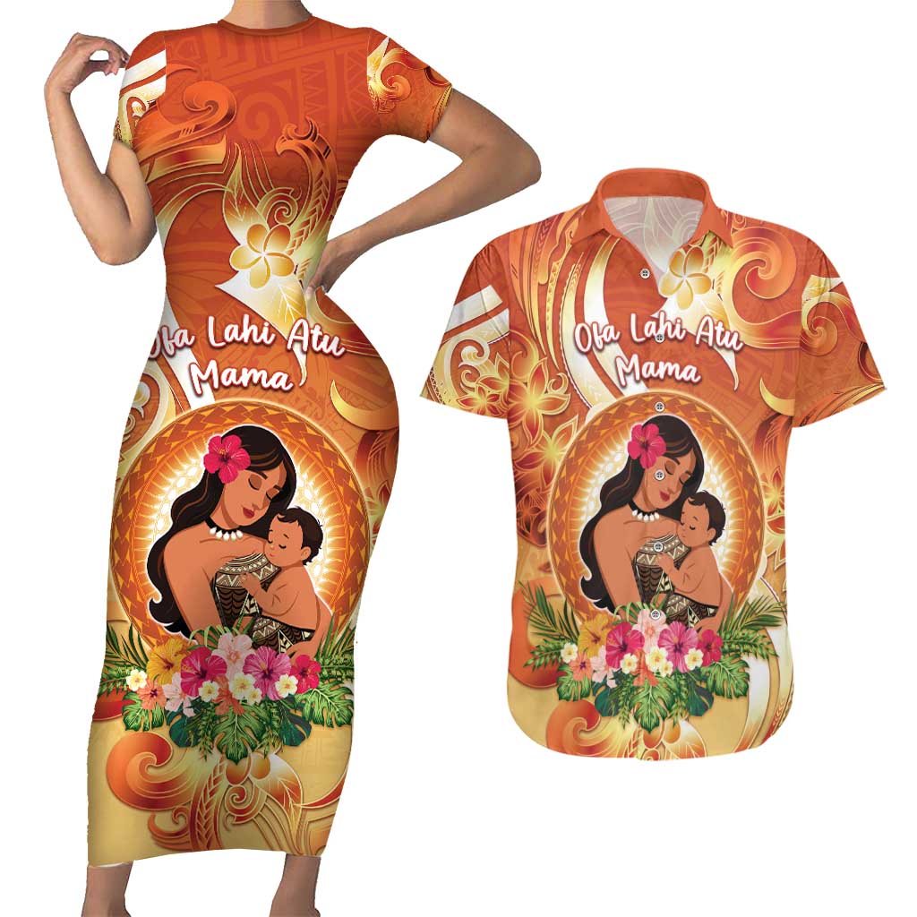 Personalised Tonga Mother's Day Couples Matching Short Sleeve Bodycon Dress and Hawaiian Shirt I Love You Mom DT04 Orange - Polynesian Pride