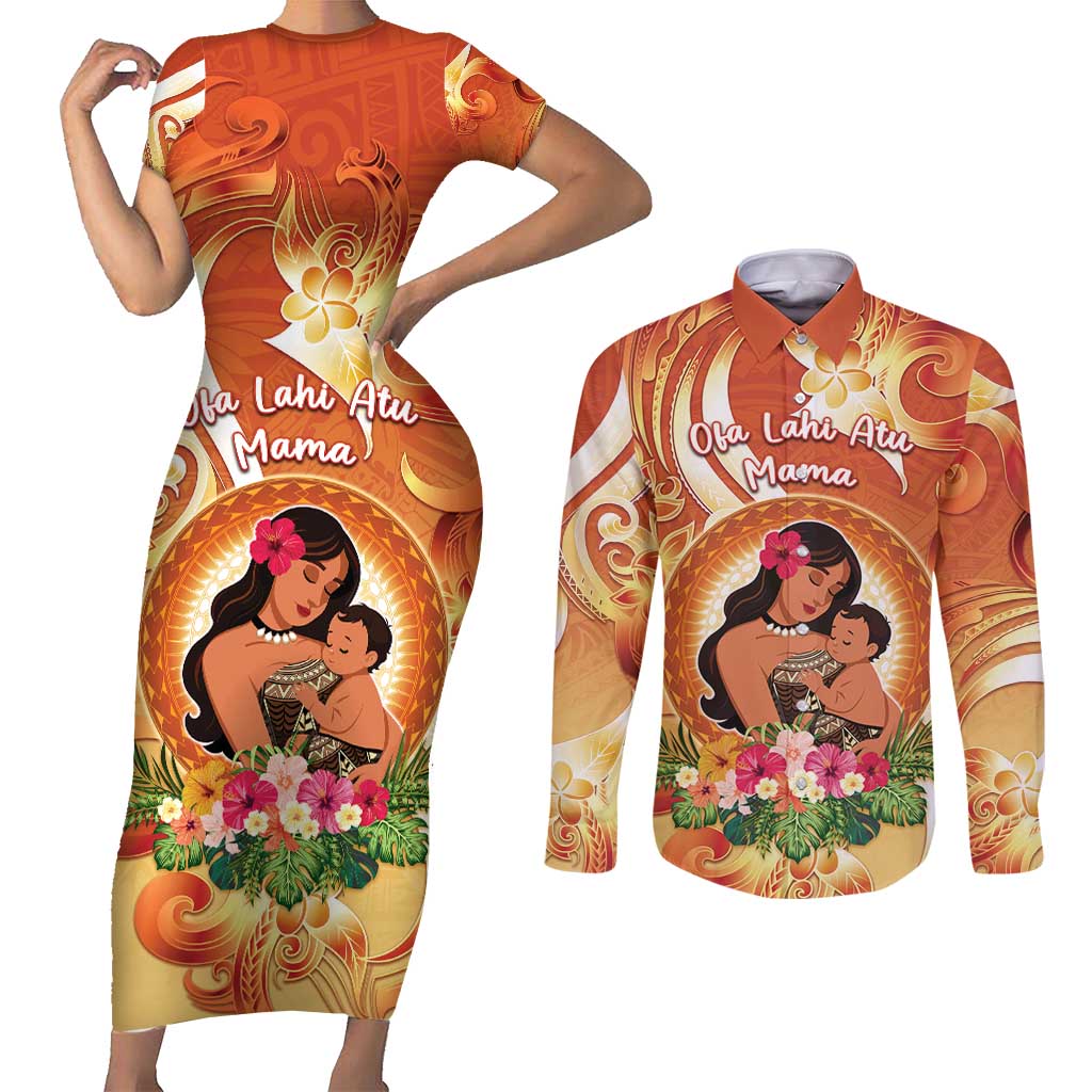 Personalised Tonga Mother's Day Couples Matching Short Sleeve Bodycon Dress and Long Sleeve Button Shirt I Love You Mom DT04 Orange - Polynesian Pride