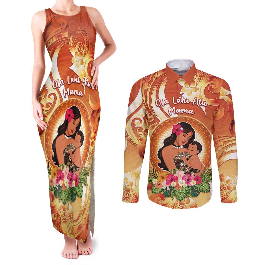 Personalised Tonga Mother's Day Couples Matching Tank Maxi Dress and Long Sleeve Button Shirt I Love You Mom DT04 Orange - Polynesian Pride