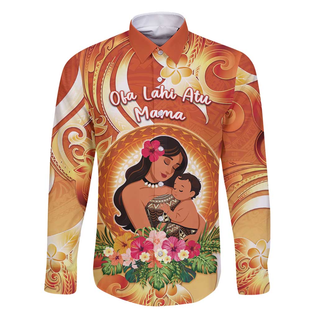 Personalised Tonga Mother's Day Family Matching Mermaid Dress and Hawaiian Shirt I Love You Mom DT04 Dad's Shirt - Long Sleeve Orange - Polynesian Pride