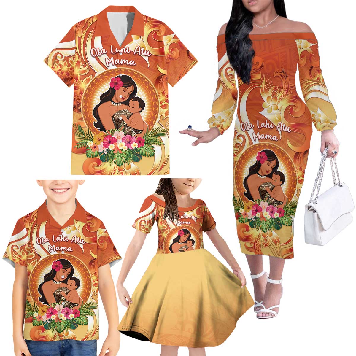 Personalised Tonga Mother's Day Family Matching Off The Shoulder Long Sleeve Dress and Hawaiian Shirt I Love You Mom DT04 - Polynesian Pride