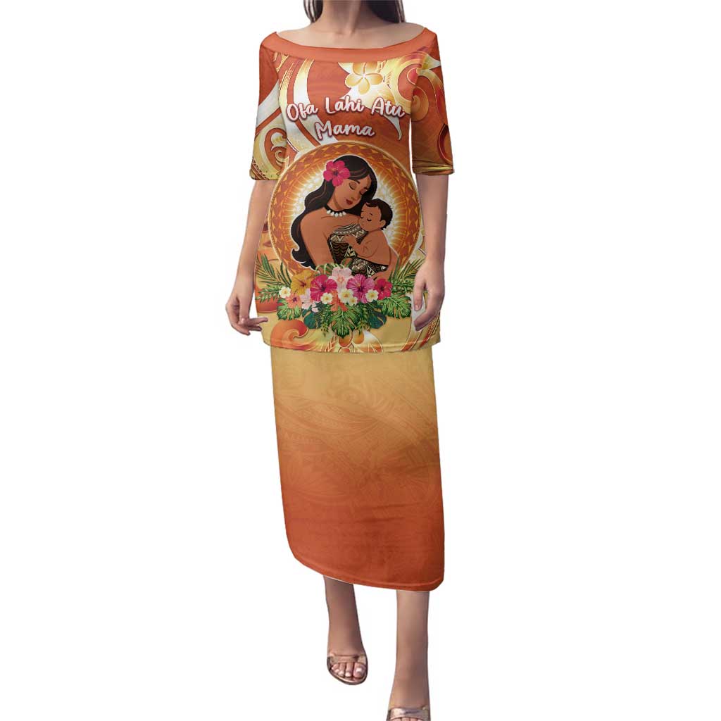 Personalised Tonga Mother's Day Family Matching Puletasi and Hawaiian Shirt I Love You Mom DT04 Mom's Dress Orange - Polynesian Pride