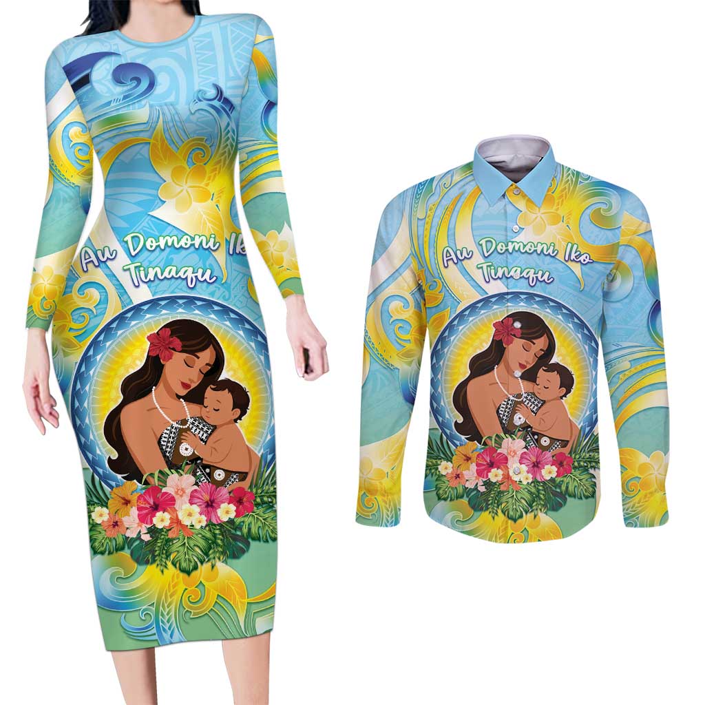 Personalised Fiji Mother's Day Couples Matching Long Sleeve Bodycon Dress and Long Sleeve Button Shirt I Love You Mom DT04 Blue - Polynesian Pride