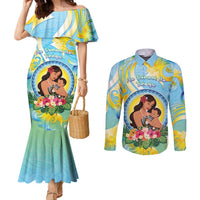 Personalised Fiji Mother's Day Couples Matching Mermaid Dress and Long Sleeve Button Shirt I Love You Mom DT04 Blue - Polynesian Pride