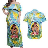 Personalised Fiji Mother's Day Couples Matching Off Shoulder Maxi Dress and Hawaiian Shirt I Love You Mom DT04 Blue - Polynesian Pride