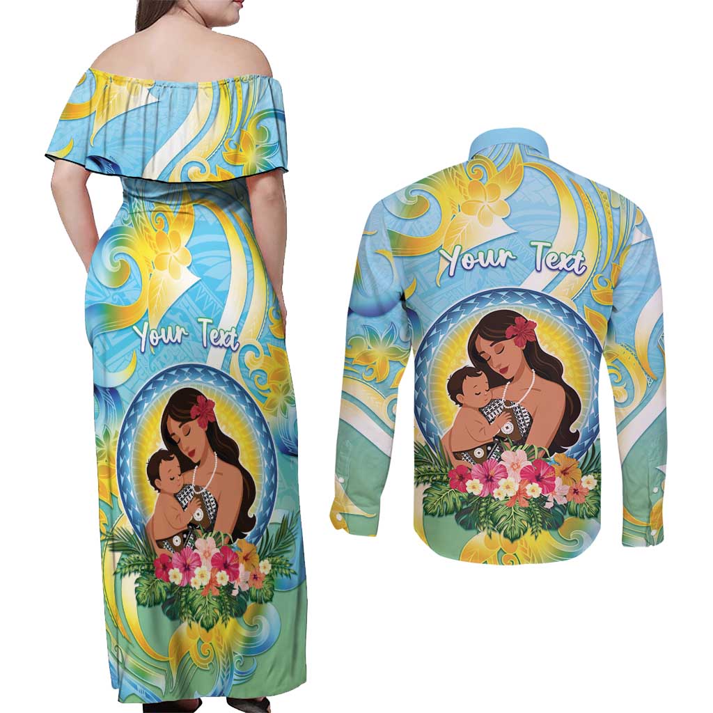 Personalised Fiji Mother's Day Couples Matching Off Shoulder Maxi Dress and Long Sleeve Button Shirt I Love You Mom DT04 - Polynesian Pride