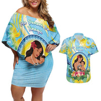 Personalised Fiji Mother's Day Couples Matching Off Shoulder Short Dress and Hawaiian Shirt I Love You Mom DT04 Blue - Polynesian Pride