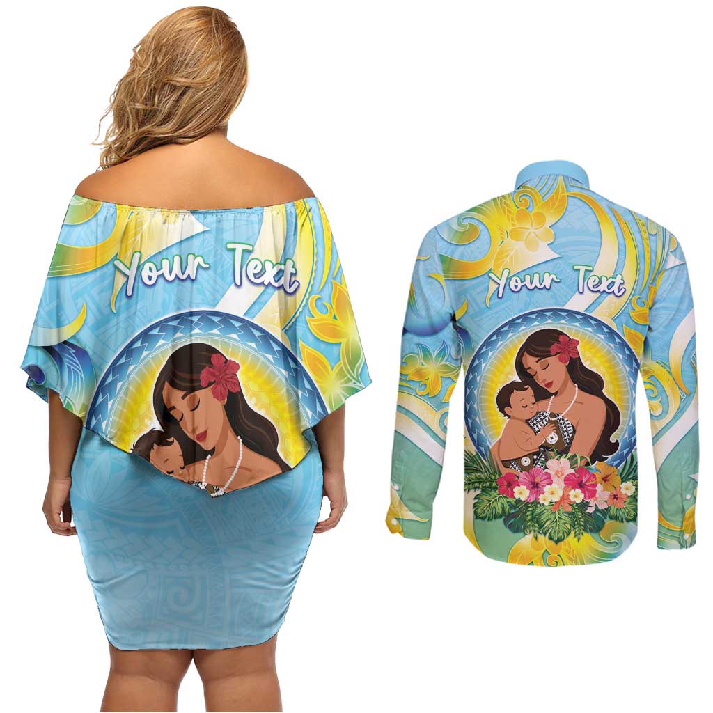 Personalised Fiji Mother's Day Couples Matching Off Shoulder Short Dress and Long Sleeve Button Shirt I Love You Mom DT04 - Polynesian Pride
