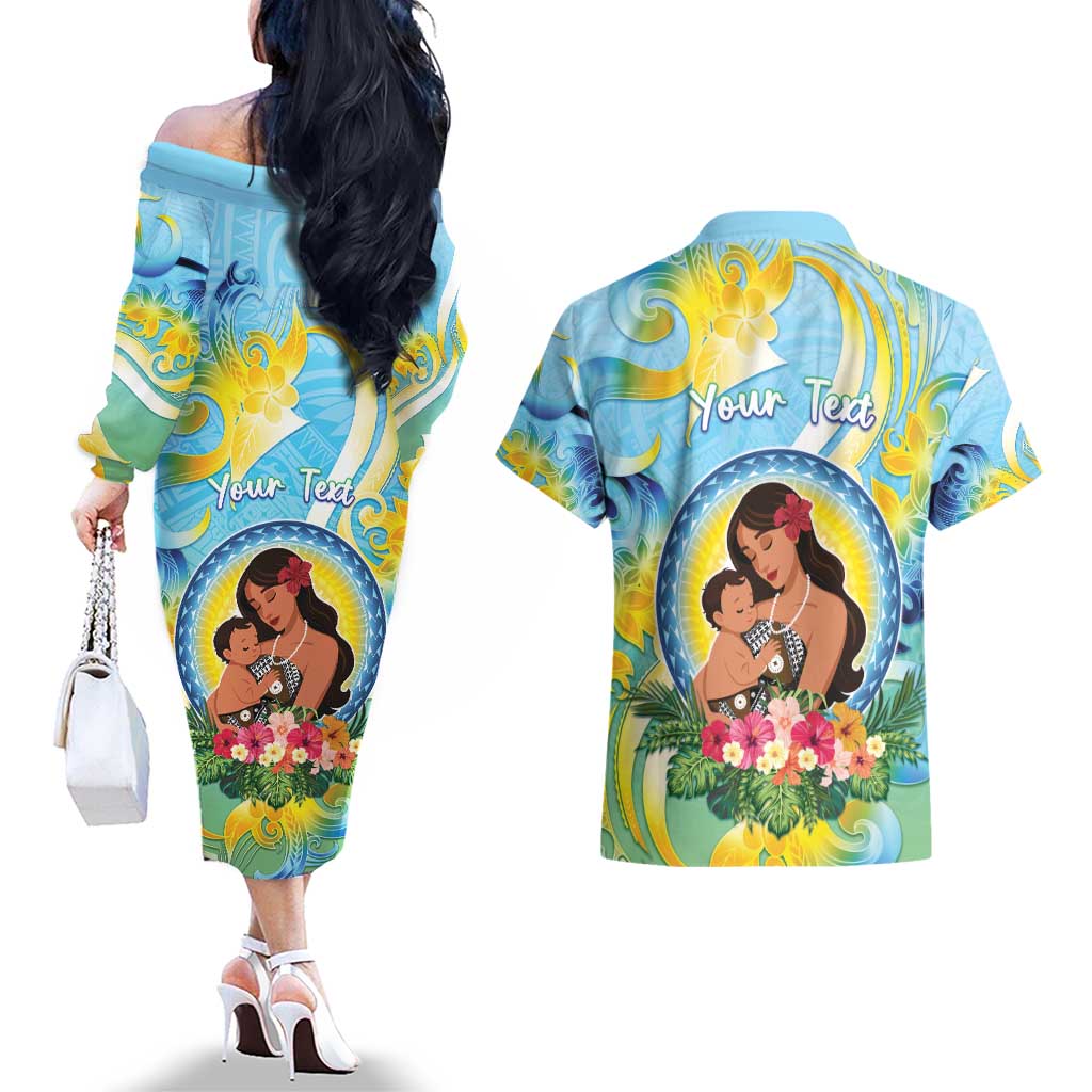 Personalised Fiji Mother's Day Couples Matching Off The Shoulder Long Sleeve Dress and Hawaiian Shirt I Love You Mom DT04 - Polynesian Pride