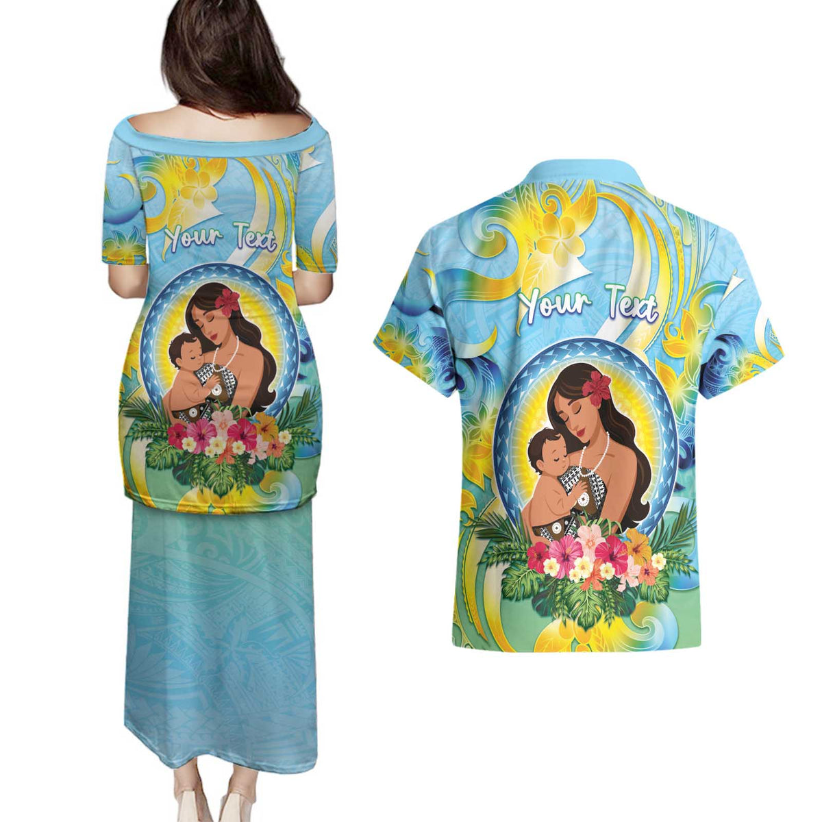 Personalised Fiji Mother's Day Couples Matching Puletasi and Hawaiian Shirt I Love You Mom DT04 - Polynesian Pride
