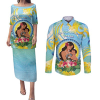 Personalised Fiji Mother's Day Couples Matching Puletasi and Long Sleeve Button Shirt I Love You Mom DT04 Blue - Polynesian Pride