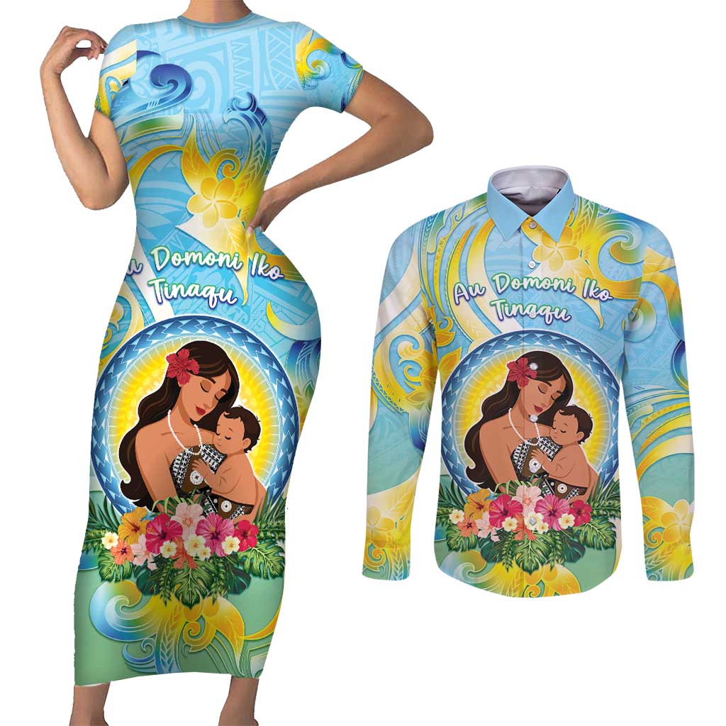 Personalised Fiji Mother's Day Couples Matching Short Sleeve Bodycon Dress and Long Sleeve Button Shirt I Love You Mom DT04 Blue - Polynesian Pride