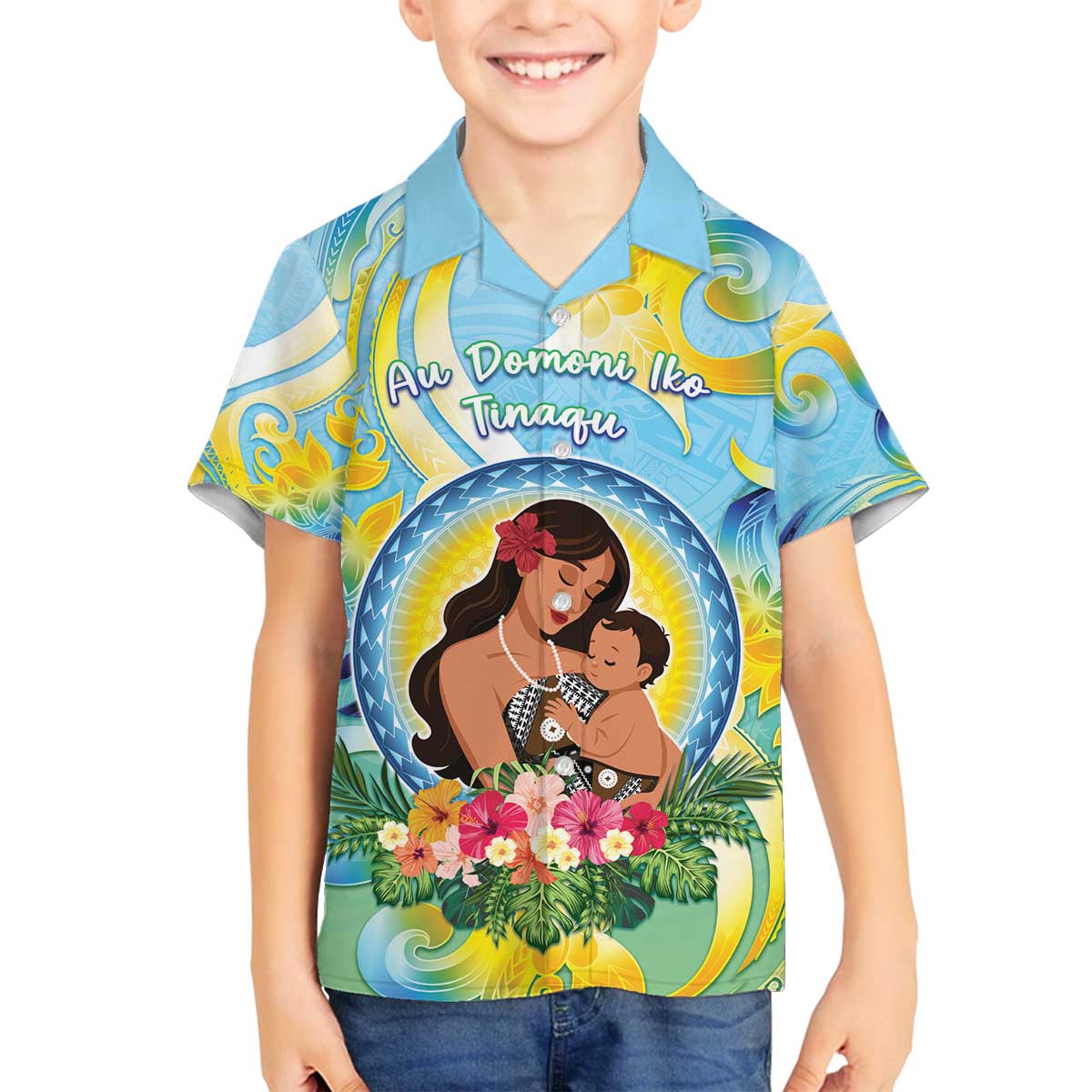 Personalised Fiji Mother's Day Family Matching Off The Shoulder Long Sleeve Dress and Hawaiian Shirt I Love You Mom DT04 Son's Shirt Blue - Polynesian Pride