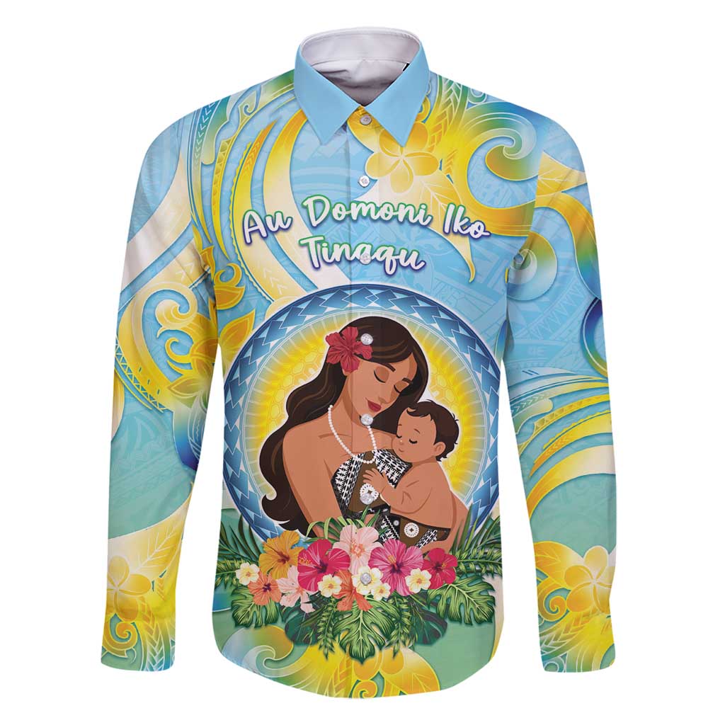 Personalised Fiji Mother's Day Family Matching Off Shoulder Maxi Dress and Hawaiian Shirt I Love You Mom DT04 Dad's Shirt - Long Sleeve Blue - Polynesian Pride