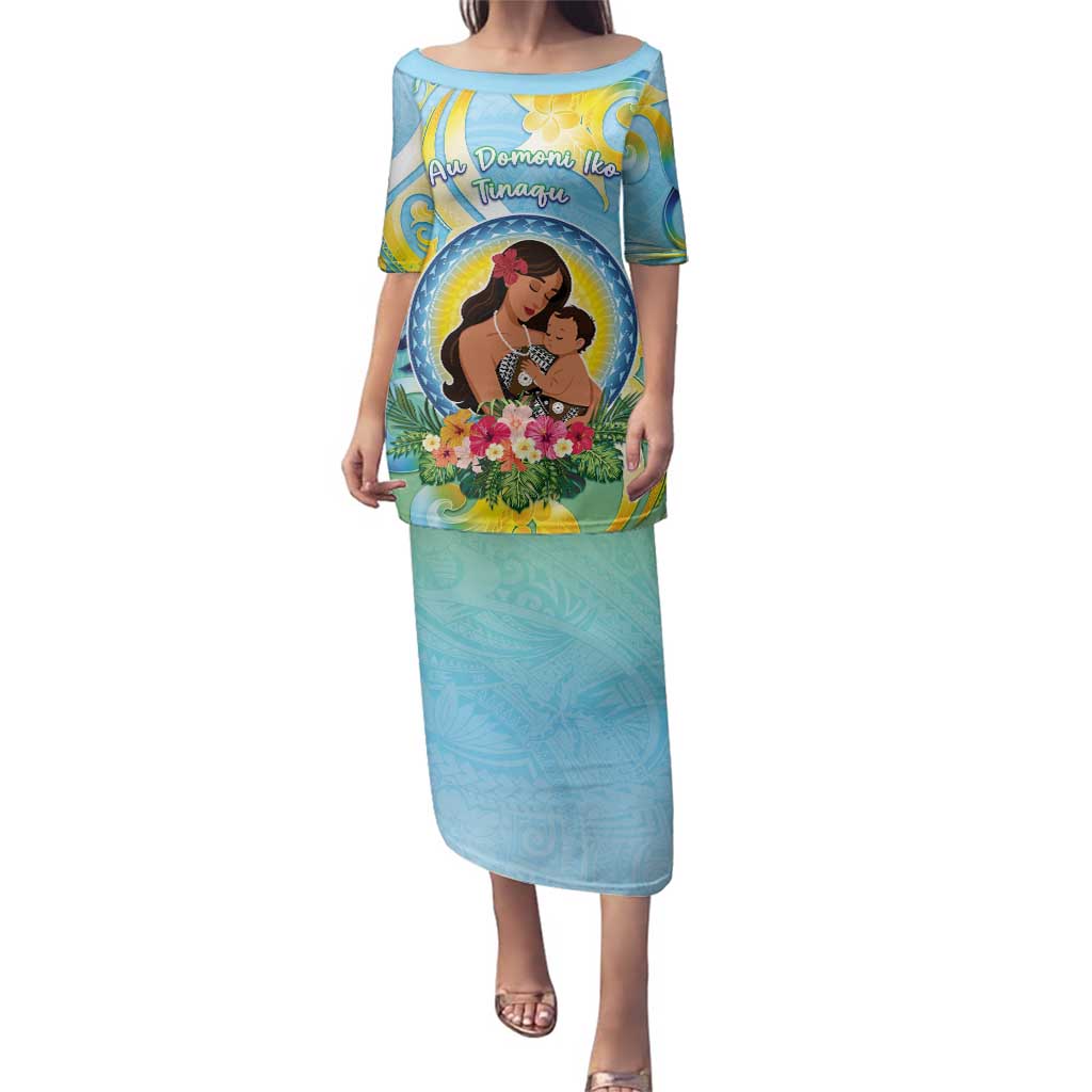Personalised Fiji Mother's Day Family Matching Puletasi and Hawaiian Shirt I Love You Mom DT04 Mom's Dress Blue - Polynesian Pride