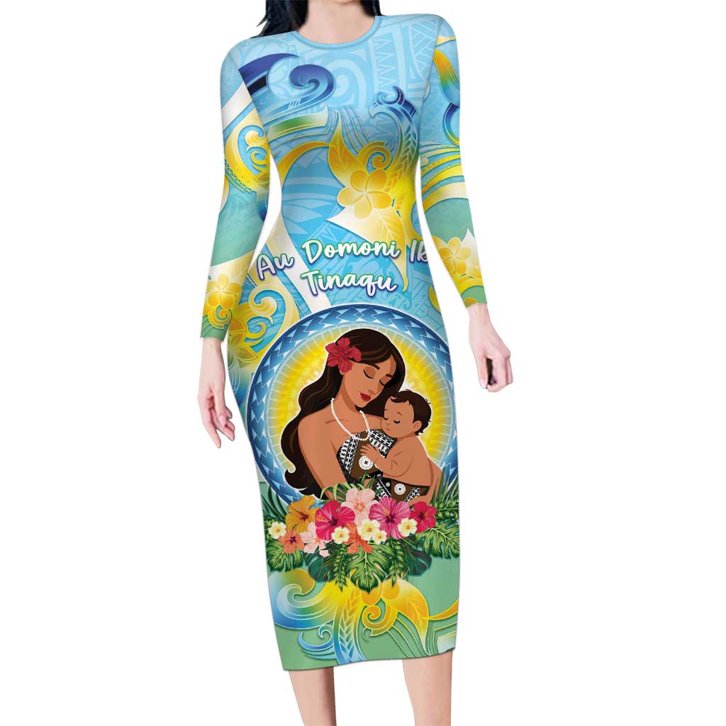 Personalised Fiji Mother's Day Long Sleeve Bodycon Dress I Love You Mom DT04 Long Dress Blue - Polynesian Pride