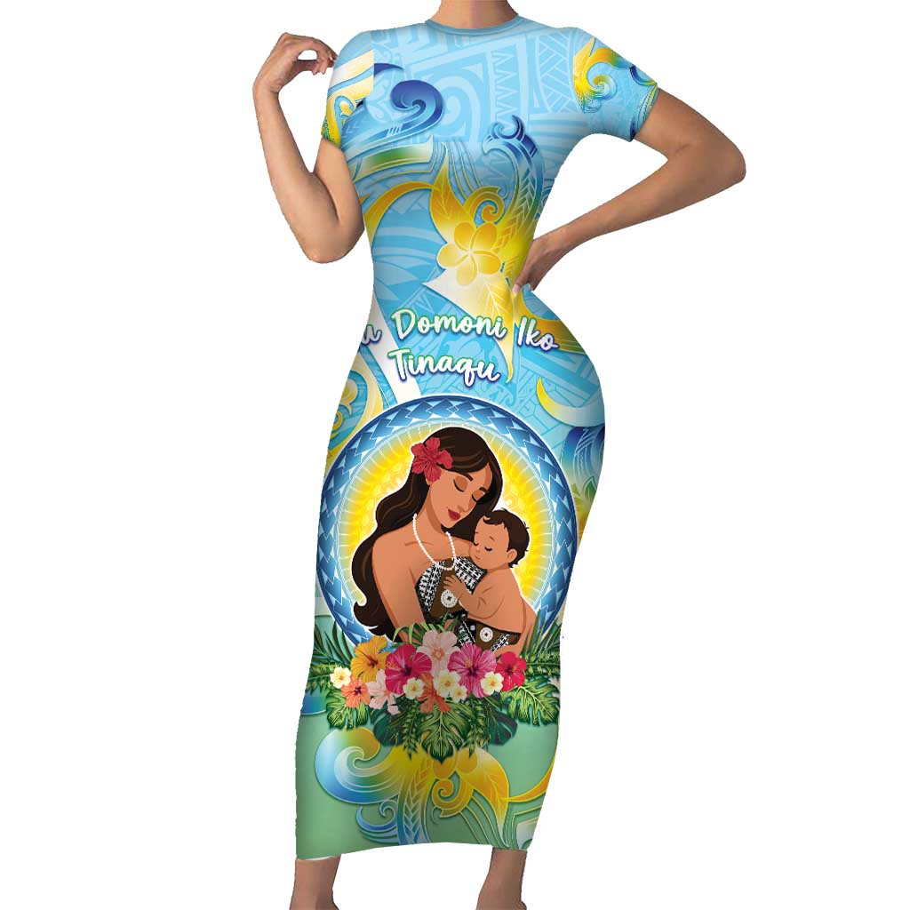 Personalised Fiji Mother's Day Short Sleeve Bodycon Dress I Love You Mom DT04 Long Dress Blue - Polynesian Pride