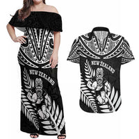 Custom New Zealand Rugby Couples Matching Off Shoulder Maxi Dress and Hawaiian Shirt Silver Fern Maori Pattern DT04 Black - Polynesian Pride