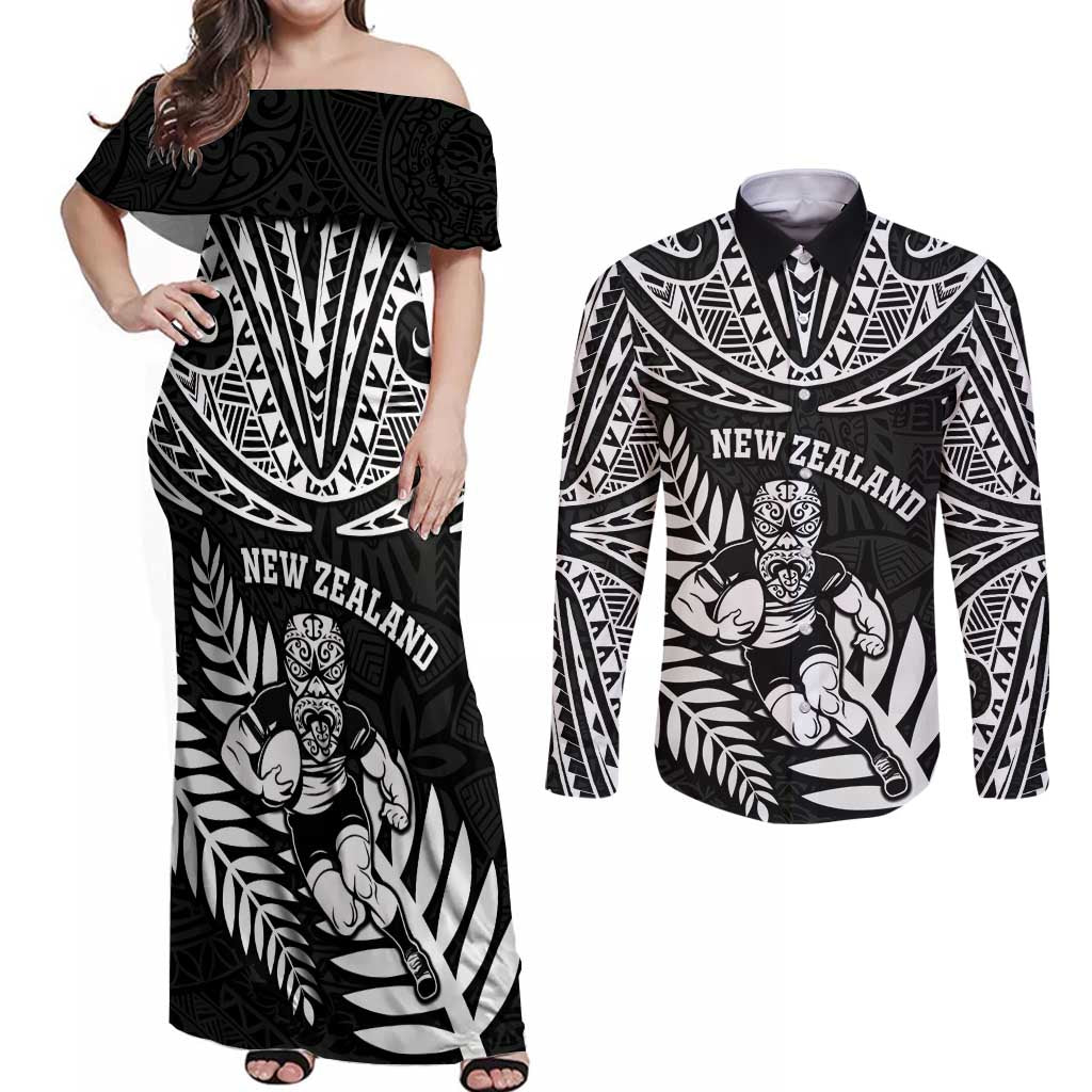 Custom New Zealand Rugby Couples Matching Off Shoulder Maxi Dress and Long Sleeve Button Shirt Silver Fern Maori Pattern