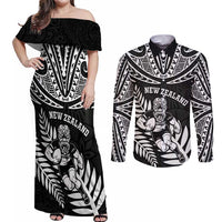 Custom New Zealand Rugby Couples Matching Off Shoulder Maxi Dress and Long Sleeve Button Shirt Silver Fern Maori Pattern