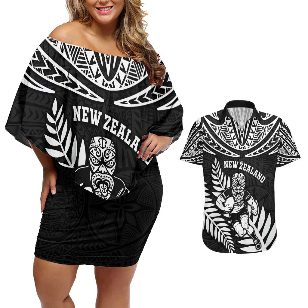 Custom New Zealand Rugby Couples Matching Off Shoulder Short Dress and Hawaiian Shirt Silver Fern Maori Pattern DT04 Black - Polynesian Pride